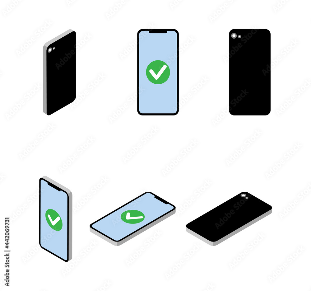Six angles 3d cellphones set - check mark screen Six angles 3d cellphones set - check mark screen