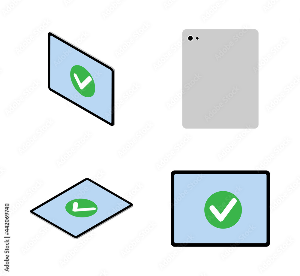 Four angles 3d tablet computers set - check mark icon screen Four angles 3d tablet computers set - check mark icon screen