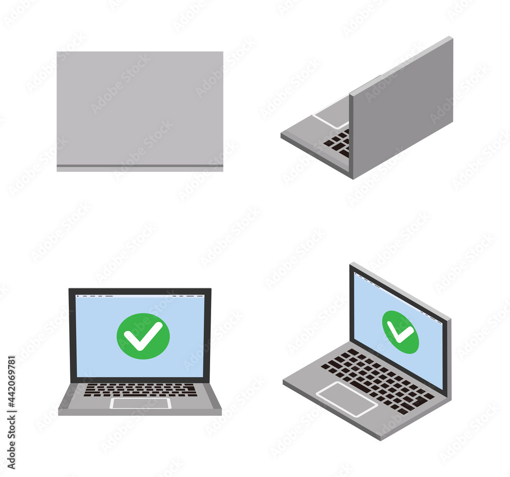 Four angles 3d laptop computers set - check mark icon screen Four angles 3d laptop computers set - check mark icon screen