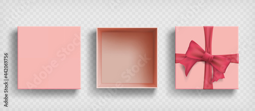 Empty gift box with pink bow and ribbon.