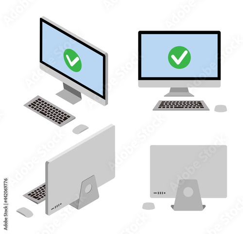 Four angles 3d desktop computers set - check mark icon screen