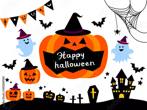 ハロウィンイラストセット（ジャックオランタン、カボチャ、おばけ、コウモリ、城、棺桶、蜘蛛の巣、ガーランド）