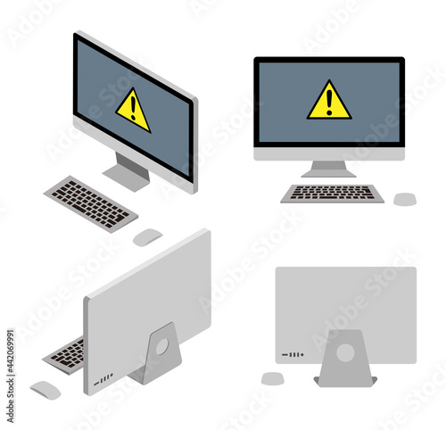 Four angles 3d desktop computers set - warning icon screen