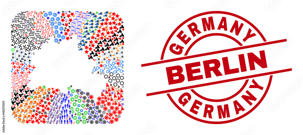 Vector mosaic Berlin City map of different icons and Germany Berlin seal. Mosaic Berlin City map constructed as hole from rounded square. Red round imprint with Germany Berlin tag. Vector mosaic Berlin City map of different icons and Germany Berlin seal. Mosaic Berlin City map constructed as hole from rounded square. Red round imprint with Germany Berlin tag.