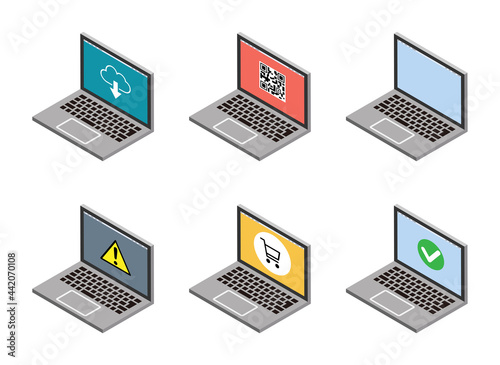 Isometric laptop computers set - 6 different types screen