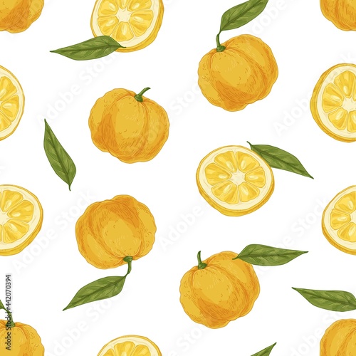 Seamless tropical pattern with yuzu and leaves on white background. Endless r...