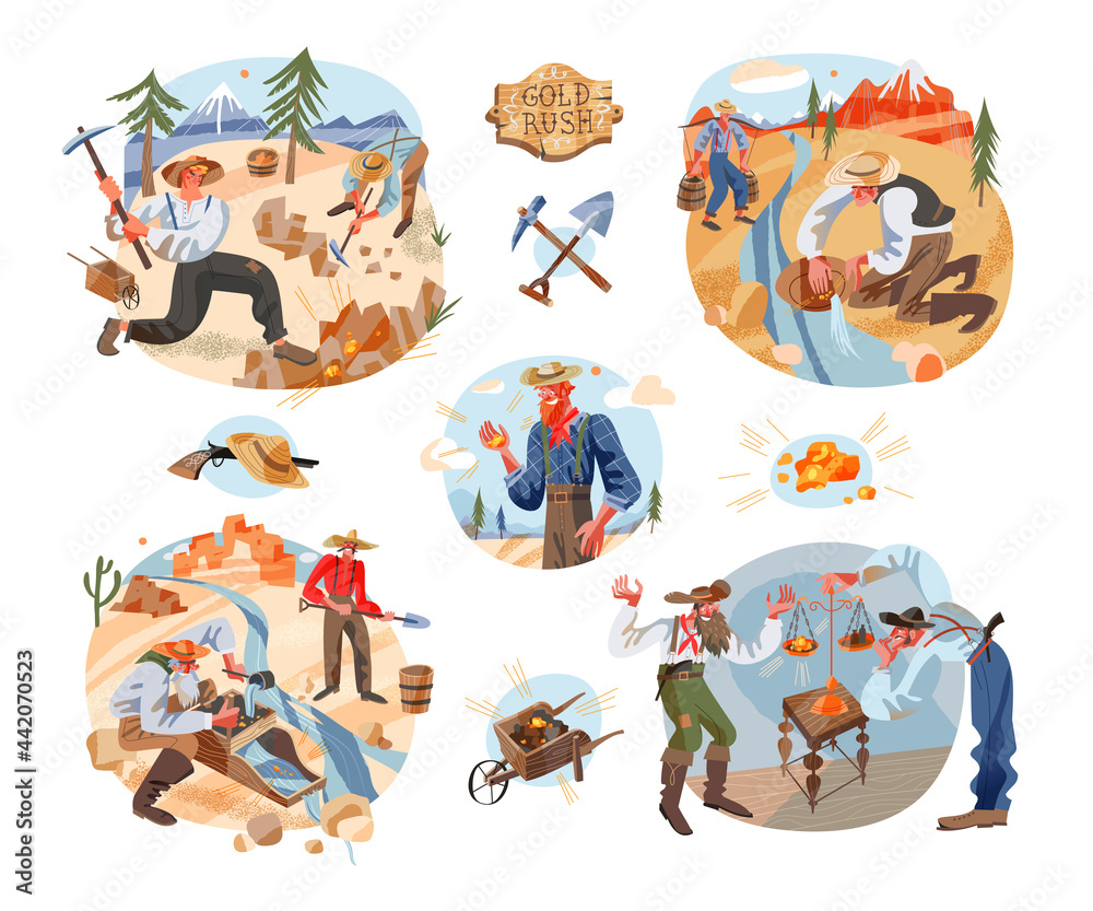 Naklejka premium Diggers and miners in Gold Rush times set. Old and young prospectors digging sand, searching diamond nuggets using tools and water equipment vector illustration. Western icons of workers