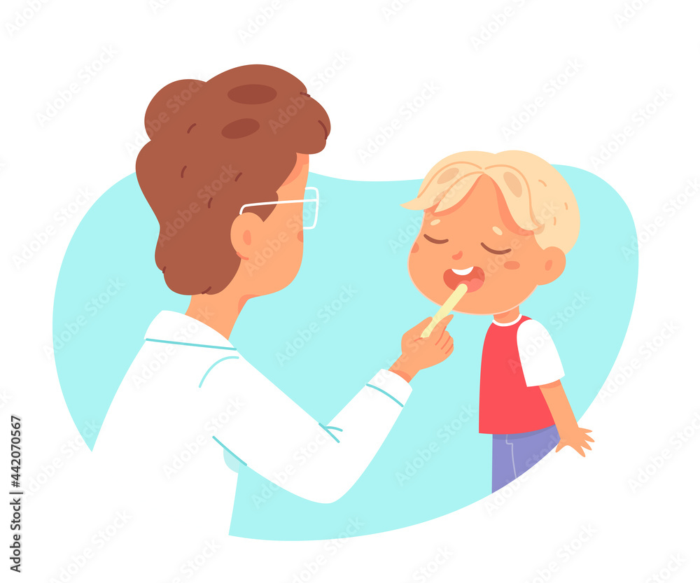 Paediatrician doctor looking at sore throat of little child in clinic. Physician doing check up on small happy boy vector illustration. Consultation in medical examination room scene Paediatrician doctor looking at sore throat of little child in clinic. Physician doing check up on small happy boy vector illustration. Consultation in medical examination room scene