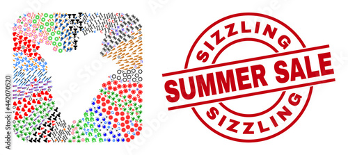 Vector mosaic Burundi map of different icons and Sizzling Summer Sale seal stamp. Mosaic Burundi map designed as carved shape from rounded square shape.