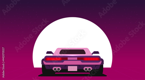 Retro future, 80s style Sci-Fi Background. Futuristic car.