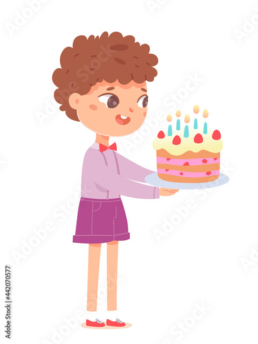 Happy birthday, boy celebrating at party with cake. Cute child having fun vector illustration. Little kid smiling with plate at event isolated on white background