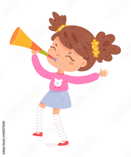 Girl playing music on trumpet and having fun. Active creative leisure for children vector illustration. Little kid with instrument in hand making sound isolated on white background