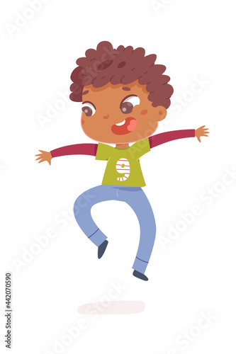 Happy birthday, boy celebrating at party. Cute child having fun vector illustration. Little kid smiling and jumping with arms up, laughing isolated on white background