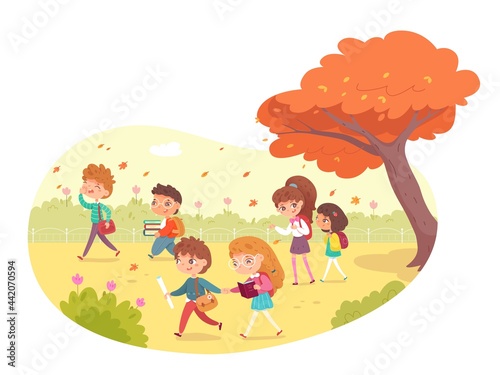 School kids going to study in autumn. Happy boys and girls walking in park. Learning and primary education vector illustration. Cute schoolchildren in September with bags and books