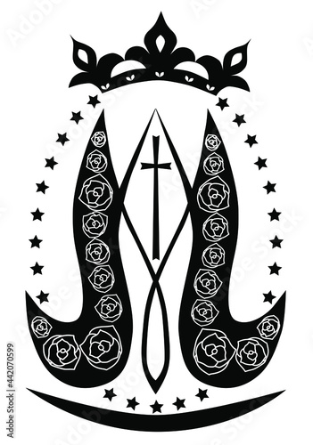Ave Maria. Monogram of the Blessed Virgin Mary with crown, cross and stars. Religious signs. Vector design.