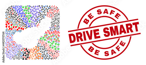 Vector mosaic Granada Province map of different pictograms and Be Safe Drive Smart seal stamp. Collage Granada Province map designed as carved shape from rounded square shape.