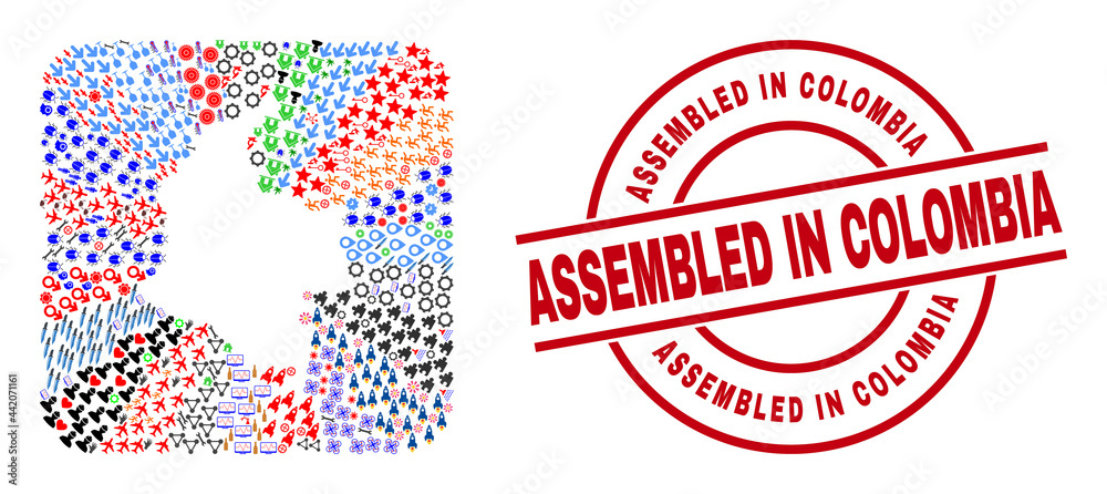 Vector collage Colombia map of different symbols and Assembled in Colombia seal stamp. Collage Colombia map designed as hole from rounded square shape. Vector collage Colombia map of different symbols and Assembled in Colombia seal stamp. Collage Colombia map designed as hole from rounded square shape.