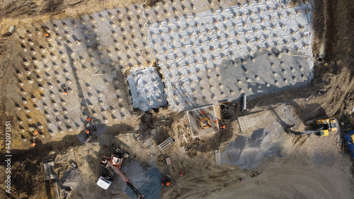 aerial panoramic view of city construction site.