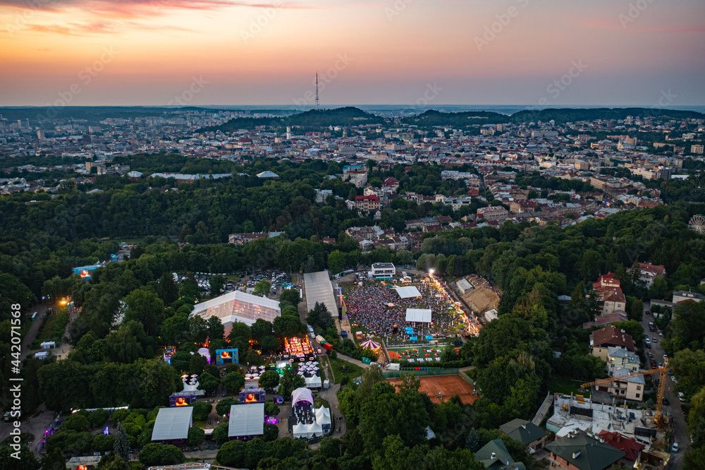 Leopolis Jazz Fest 2021. Stage dedicated to Eddie Rosner. Picnic zone. Aerial view from drone
