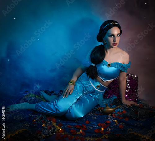 Fotografie Beautiful princess closeup on the night fairytale background