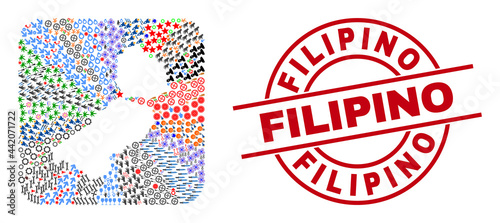 Vector collage Flevoland Province map of different pictograms and Filipino seal stamp. Collage Flevoland Province map created as carved shape from rounded square.