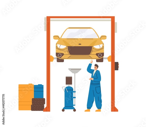 Car mechanic repairing auto lifted on elevator in workshop. Automobile diagnostics and maintenance by professional repairman. Colored flat vector illustration isolated on white background