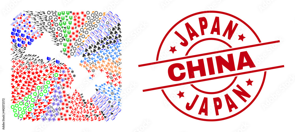 Vector mosaic Gansu Province map of different icons and Japan China seal stamp. Mosaic Gansu Province map designed as hole from rounded square. Red round stamp with Japan China tag.