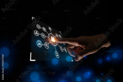 Businessman touches Artificial Intelligence AI Concept. Futuristic Technology Digital Data Analysis. Big Data Transmission Connection Abstract Background