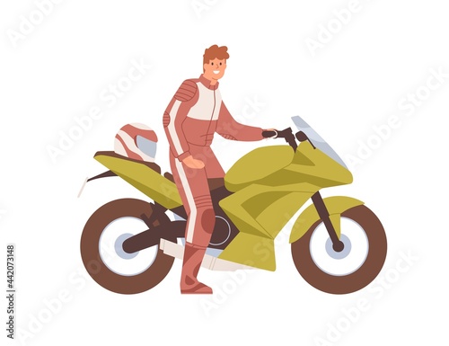 Happy biker in professional equipment sitting on modern sportbike. Smiling man on sports bike. Human and motorcycle. Flat vector illustration of motorcyclist on motorbike isolated on white background