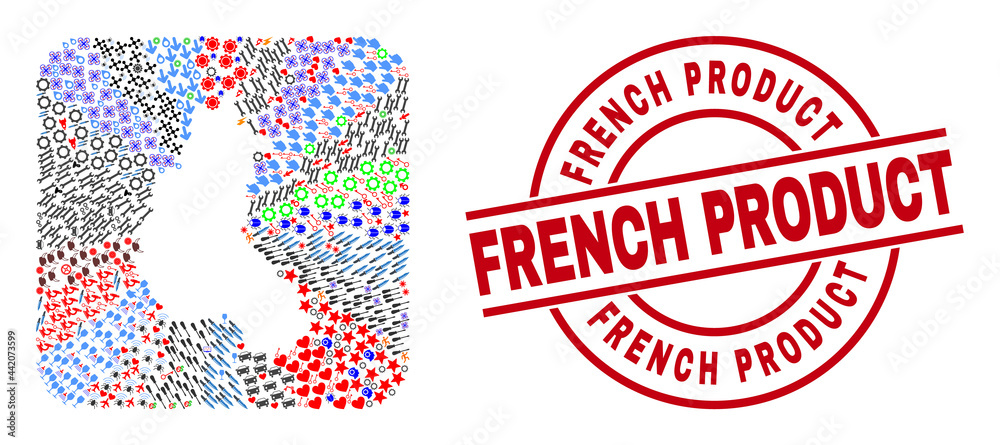Vector mosaic Champagne Province map of different symbols and French Product badge. Mosaic Champagne Province map constructed as carved shape from rounded square shape. Vector mosaic Champagne Province map of different symbols and French Product badge. Mosaic Champagne Province map constructed as carved shape from rounded square shape.