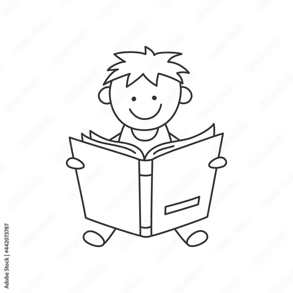 Hand drawn small kid holding open book and reading. Child education. Boy reads book. Vector illustration isolated on white background in doodle style. Editable stroke. Hand drawn small kid holding open book and reading. Child education. Boy reads book. Vector illustration isolated on white background in doodle style. Editable stroke.