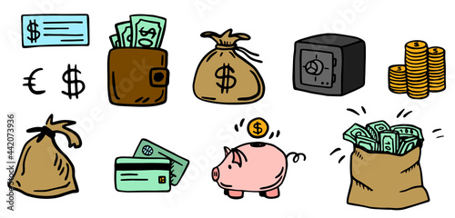 Vector set of money. safe, wallet, piggy bank, bag of coins, cards, check. Hand drawing. Doodle style. On a white isolated background