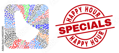Vector collage Barbados map of different symbols and Happy Hour Specials stamp. Collage Barbados map designed as hole from rounded square shape. Red round imprint with Happy Hour Specials text.