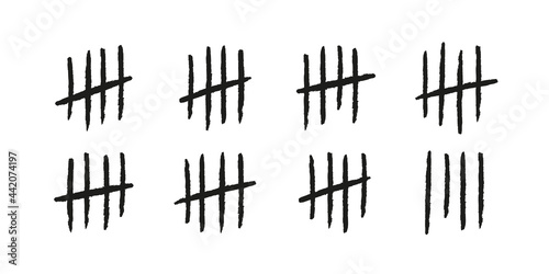 Tally marks. Hand drawn lines or sticks sorted by four and crossed out. Simple mathematical count visualization  prison or jail wall counter. Vector illustration isolated on white background.