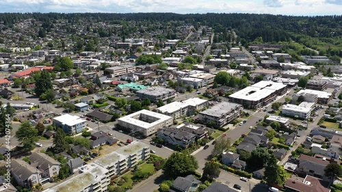 Cinematic 4K drone dolly push clip of the downtown Edmonds commercial area, near Seattle in Western Washington, Pacific Northwest, in Snohomish County photo