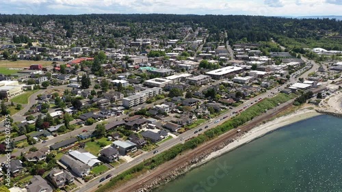 Cinematic 4K drone dolly in clip of downtown Edmonds, commercial area near Seattle in Western Washington, Pacific Northwest, in Snohomish County photo