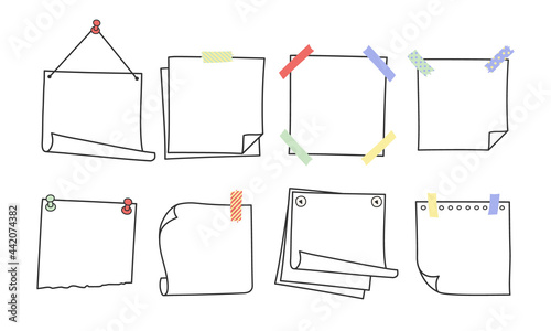 Doodle hand drawn memo notes and reminders vector illustration set. Simple drawing doodle style sketches of square paper sheets with curved corners cute diary design with clip, pins and duct tape.