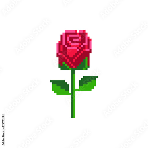 Rose icon. Pixel art. Logo of the flower shop. Element for the design of the greeting card International Women's Day, Mother's Day. Sticker design. Isolated vector illustration.