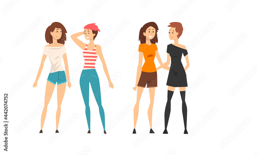 Obraz premium Happy Smiling Girl as Best Friends Spending Time Together Talking and Gossiping Vector Set