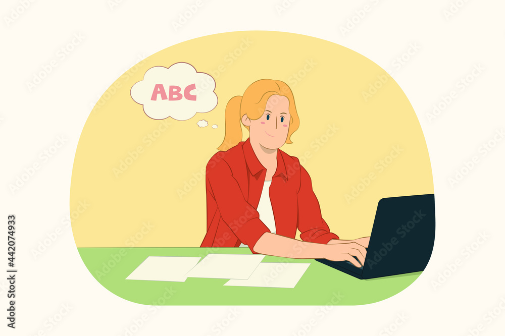 Young business woman sit work at desk with pc laptop computer concept Young business woman sit work at desk with pc laptop computer concept