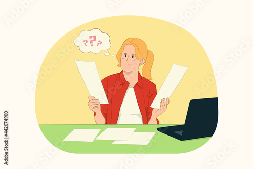 Young business woman hold read paper account documents at work concept