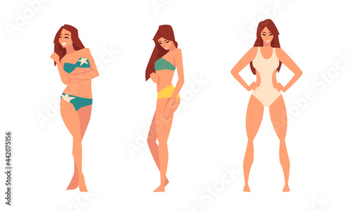 Young Woman in Swimsuit Having Slim Body Standing and Posing Vector Set