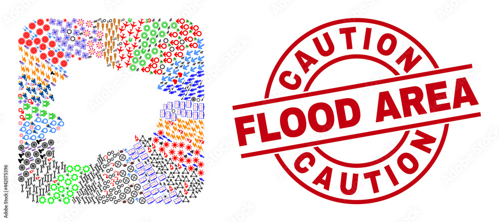 Vector collage Andorra map of different icons and Caution Flood Area badge. Collage Andorra map created as carved shape from rounded square shape. Red round watermark with Caution Flood Area text. Vector collage Andorra map of different icons and Caution Flood Area badge. Collage Andorra map created as carved shape from rounded square shape. Red round watermark with Caution Flood Area text.