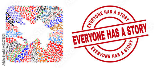 Vector collage Azerbaijan map of different pictograms and Everyone Has a Story seal. Collage Azerbaijan map designed as stencil from rounded square shape. Red round seal with Everyone Has a Story tag.