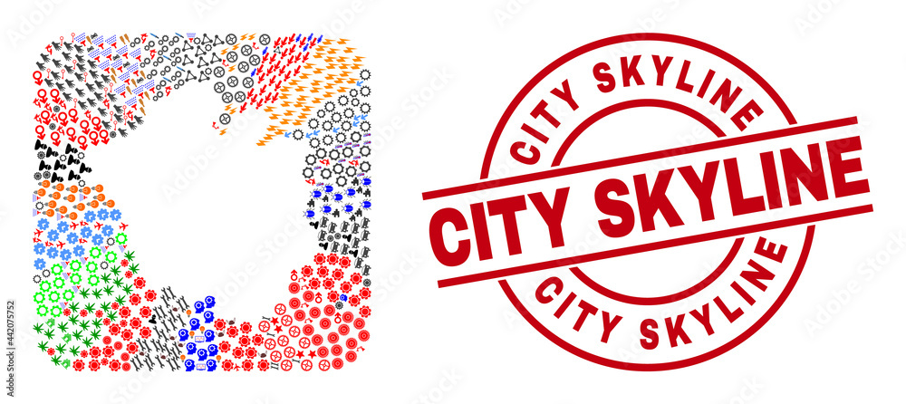 Vector collage Chandigarh City map of different pictograms and City Skyline seal stamp. Collage Chandigarh City map created as subtraction from rounded square. Red round badge with City Skyline word. Vector collage Chandigarh City map of different pictograms and City Skyline seal stamp. Collage Chandigarh City map created as subtraction from rounded square. Red round badge with City Skyline word.