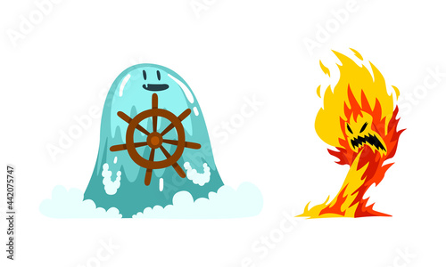 Roaring Fire and Water Fantastic Elemental Creature with Steering Wheel Vector Set