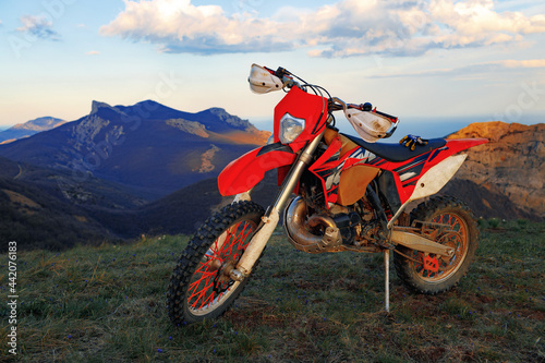 Close-up details of cross motorcycle parked on ground