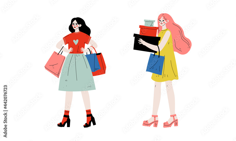 Woman with Shopping Bags Making Purchase in Shopping Mall Vector Set