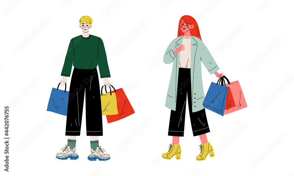 Man and Woman with Shopping Bags Making Purchase in Shopping Mall Vector Set Man and Woman with Shopping Bags Making Purchase in Shopping Mall Vector Set