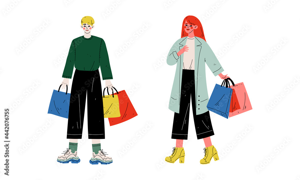 Man and Woman with Shopping Bags Making Purchase in Shopping Mall Vector Set